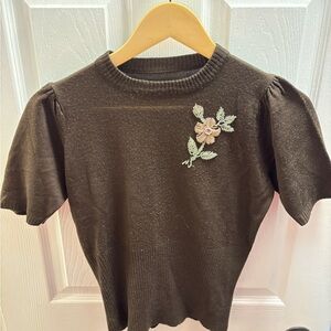 Vintage Brown Puff Sleeve Top with Beaded Floral Embroidery